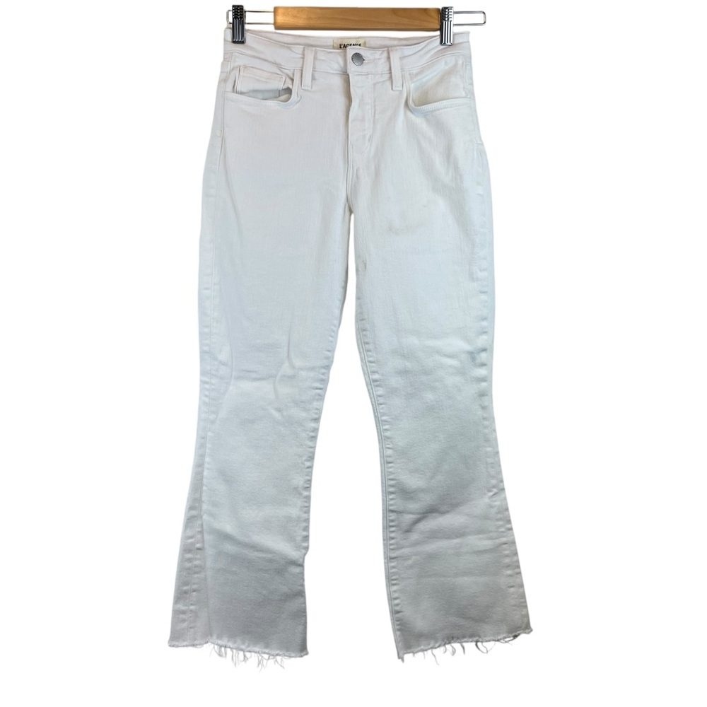 L’AGENCE White Wide Leg Jeans Mid Rise Raw Hem Size 26 Cropped 5 Pockets